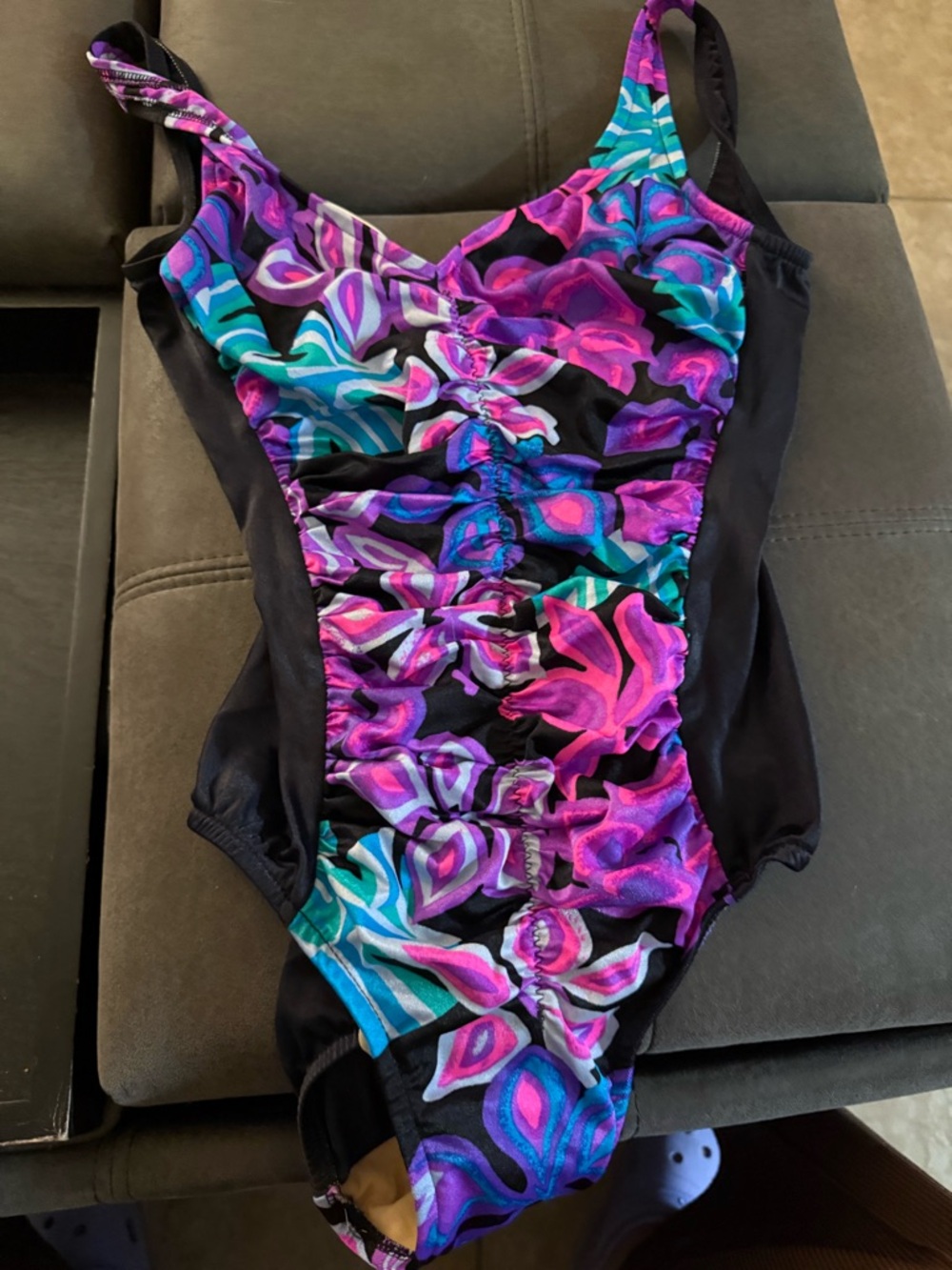 Black One-Piece Swimsuit with Purple & Teal Floral Print